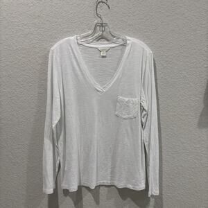 Caslon XL White Long Sleeve V Neck Pocket Tee Lightweight Slub Knit Top Women